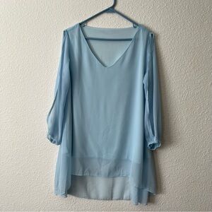Chiffon Mini Dress - V Neckline / Loose Fit / Long Sleeve / Swing